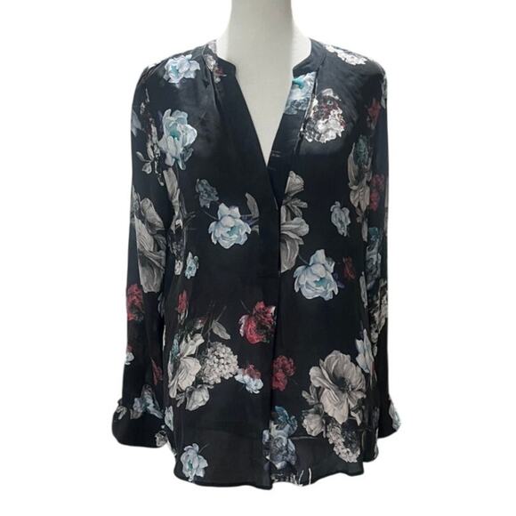 Marciano by Guess 100% Silk Black Floral Blouse V-Neck Long Slv Romantic Size S - Picture 1 of 6